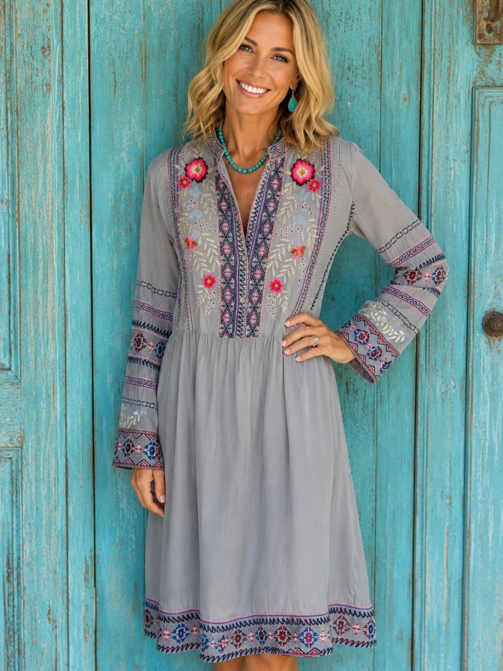 Johnny Was Biya Ellie Wide Hem silk heavily embroidered dress NWT